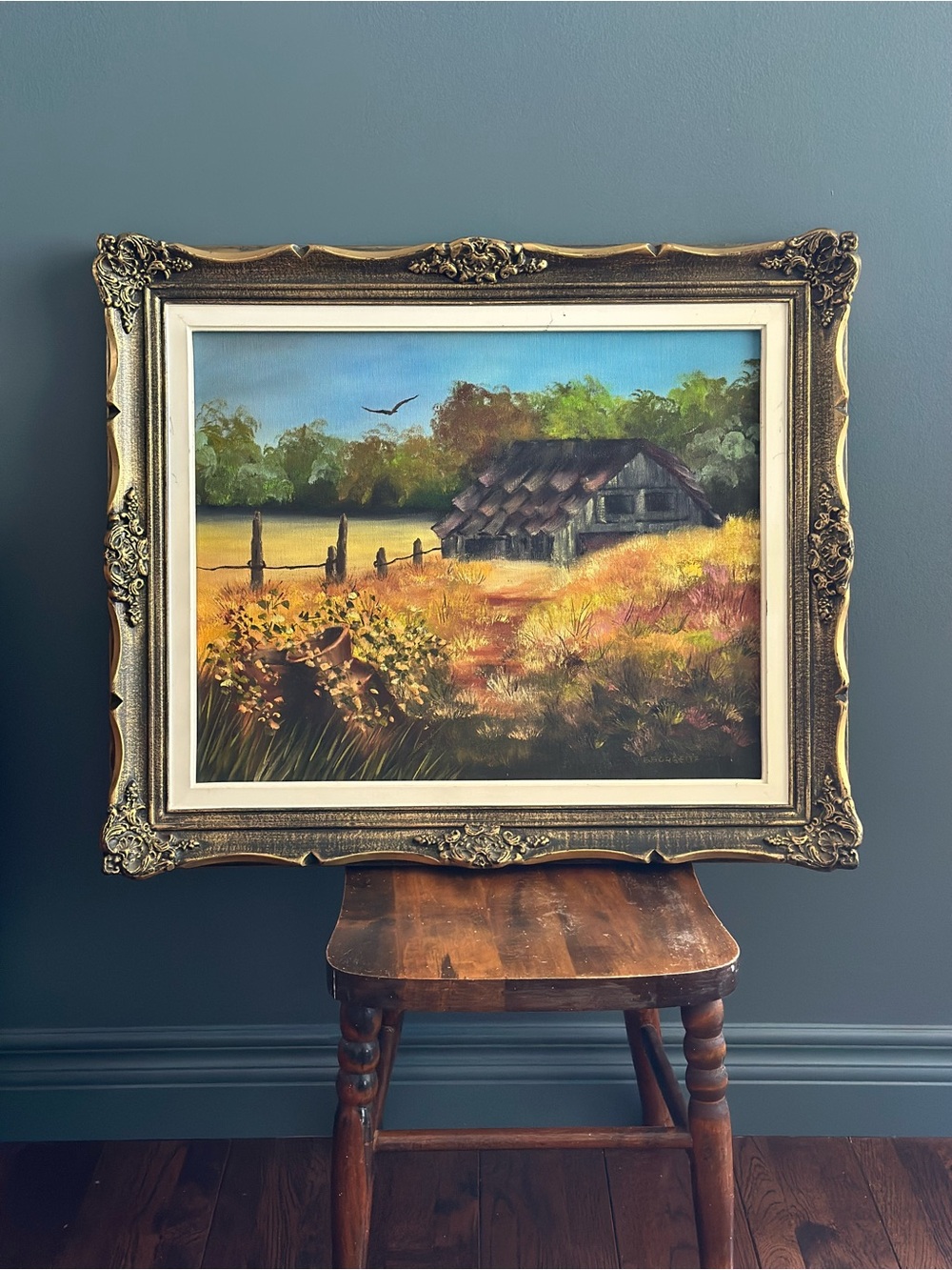 Framed Rustic Barn Landscape Wall Art in Gold Frame